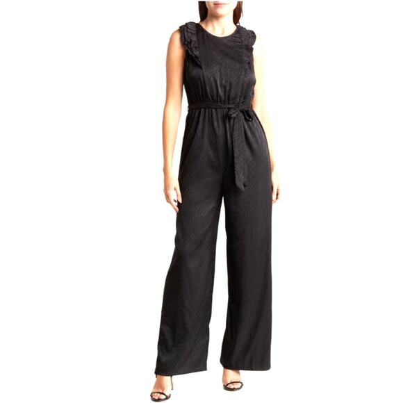 19 Cooper Black Satin Zebra Ruffle Open Back Wide Leg Jumpsuit Womens XL * - Picture 1 of 13